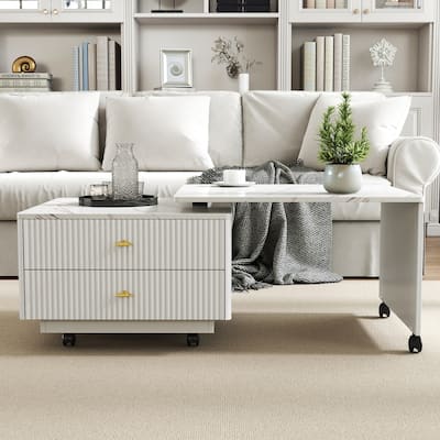 Extendable Coffee Table with Storage, Reversible Living Room Table with 2 Drawers and with 6 Wheels