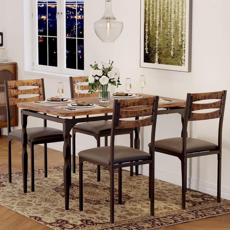 Industrial Style Kitchen Table Set for 4 - Rustic Brown
