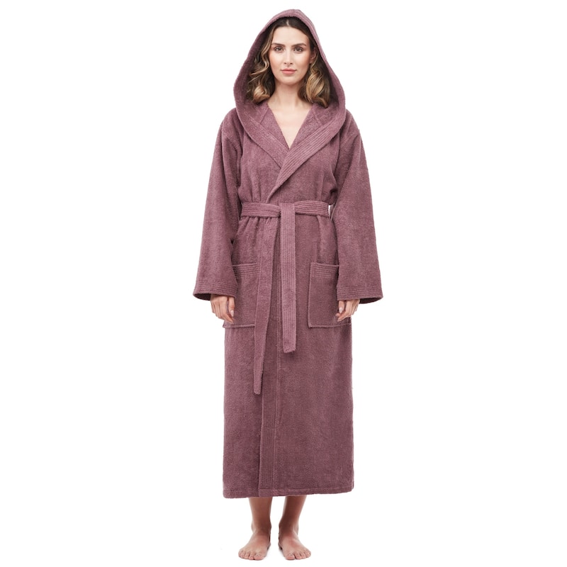 Soft Turkish Terry Cotton Women's Hooded Bathrobe - Plum - L