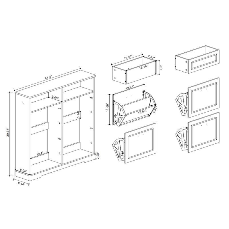 39.37 in. H x 41.3 in. W Antique White Shoe Cabinet with 2 Drawers and 4 Flip Drawers