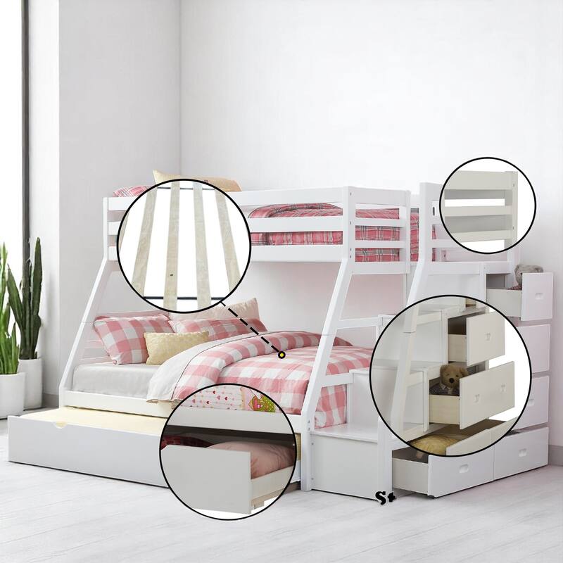 Twin Over Full Bunk Bed with Trundle and Storage Ladder bed, Built-in Drawers,Full-Length Guardrail,Slat Support System Included