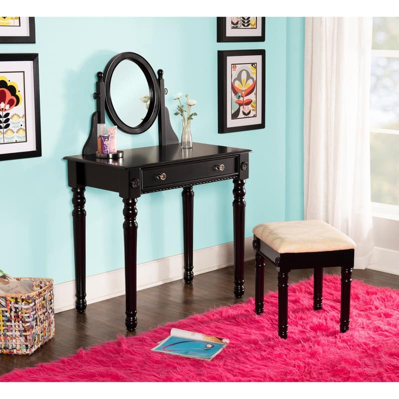 Linon Princess Ebony Vanity Table, Stool, and Mirror