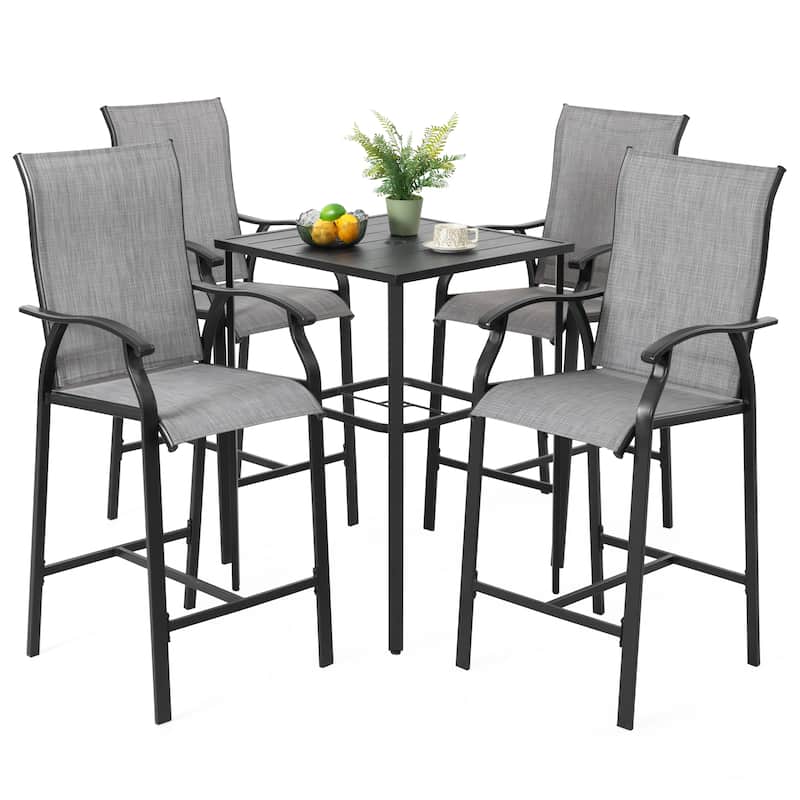 Outdoor 5-Piece Textilene Bar Set, Height Back Bar Stools and Umbrella Hole