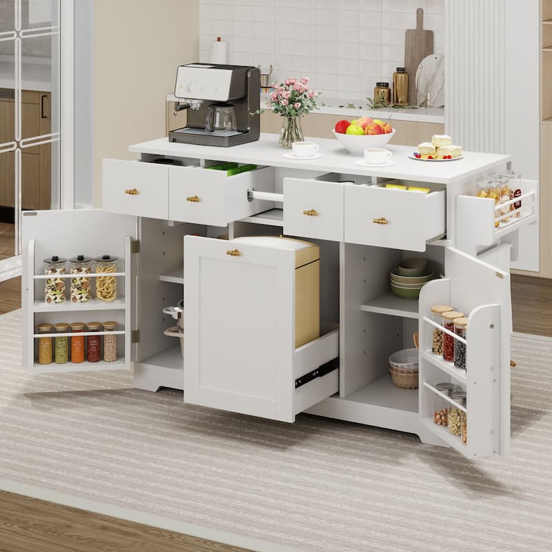 Moasis 59" Kitchen Island Drop Leaf with Double Tilt Out Trash Can Storage Cabinet And Power Outlet - White