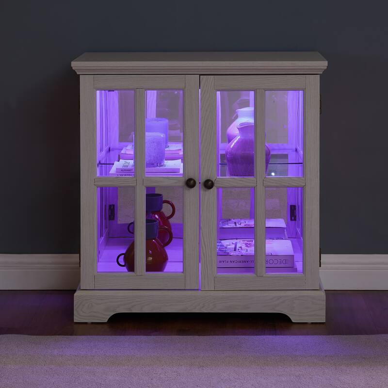 Retro Display Cabinet with Lattice Doors, Adjustable Shelve and LED Lights