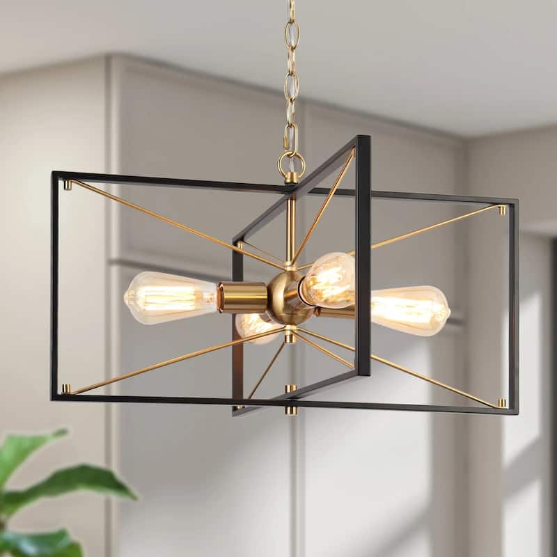 Modern 4-Light Black Gold Chandelier Square Pendant Light for Dining Room - 23.5" L x 22.5" W x 13" H