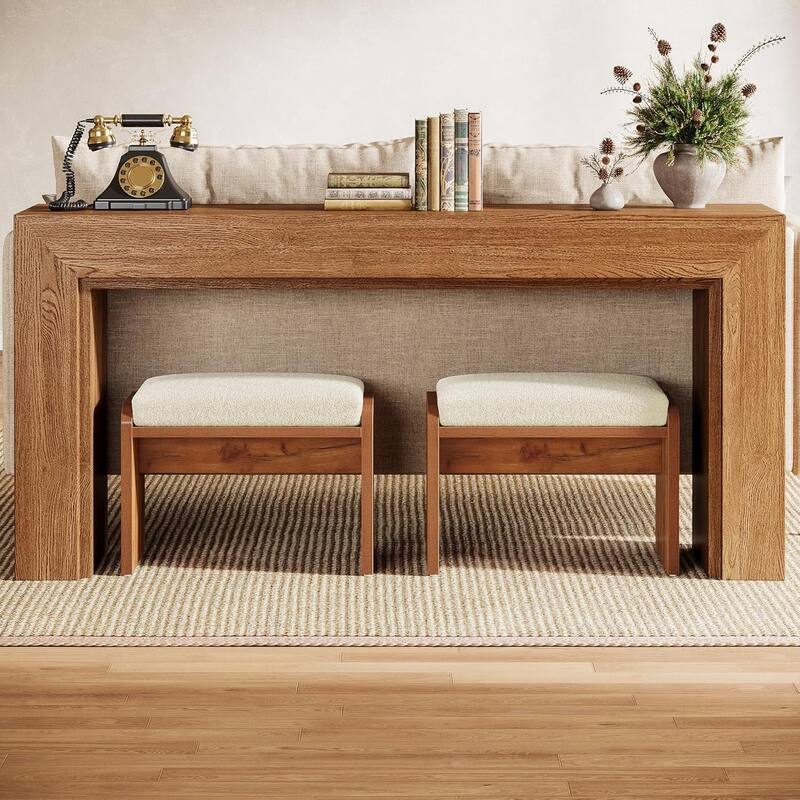 Entryway Bench, Upholstered Shoe Stool with Removable Cushion, H-Shaped Wooden Ottoman