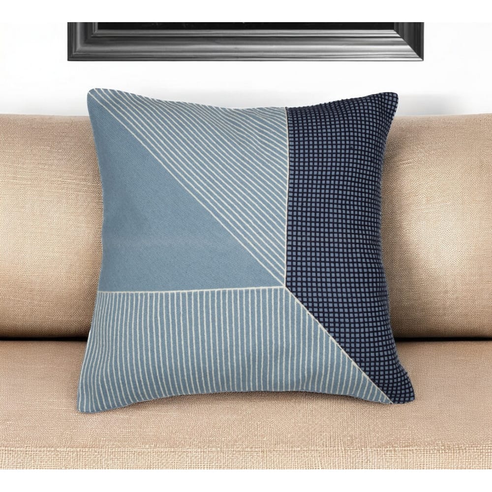 HomeRoots 20" Blue and White Geometric Cotton Throw Pillow With Embroidery