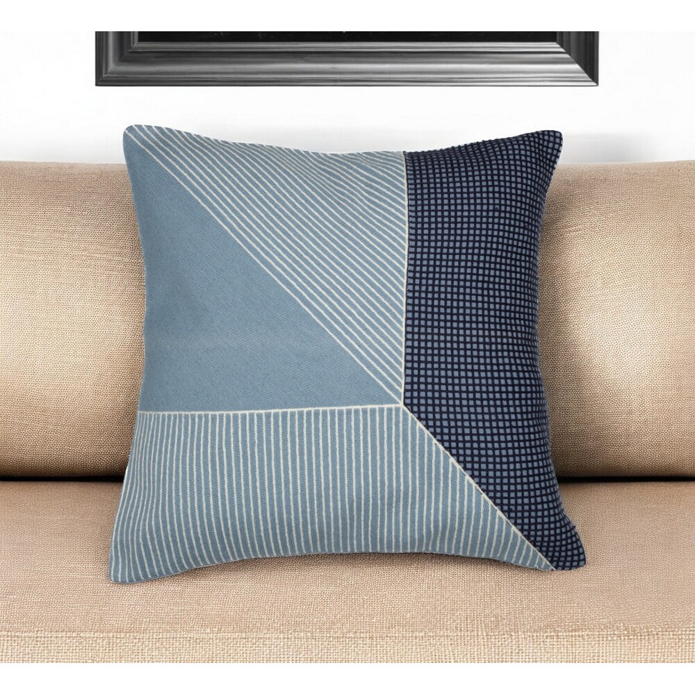 HomeRoots 20" Blue and White Geometric Cotton Throw Pillow With Embroidery