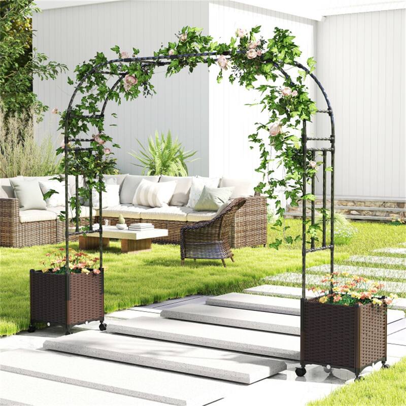 Metal Garden Arbor with Planter Boxes Drainage System and Mobile Design for Backyard and Deck - 80" x 16" x 113" (L x W x H)