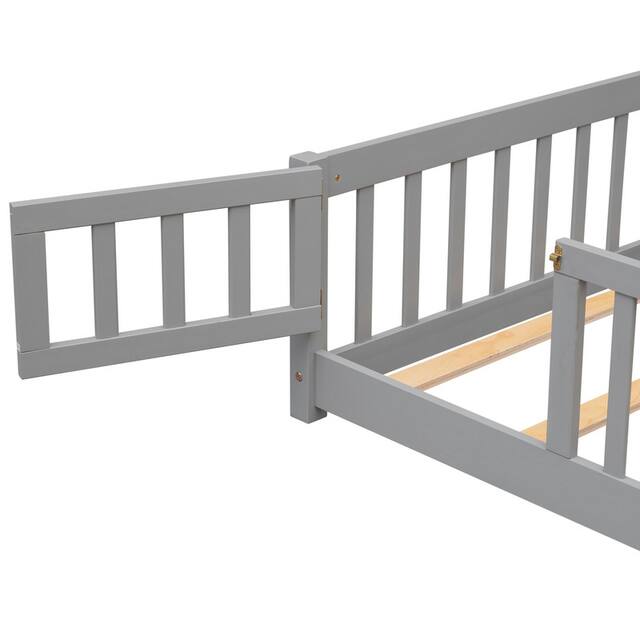 Twin/Full/Queen size Floor Platform Bed with Fence and Door for Kids, Toddlers
