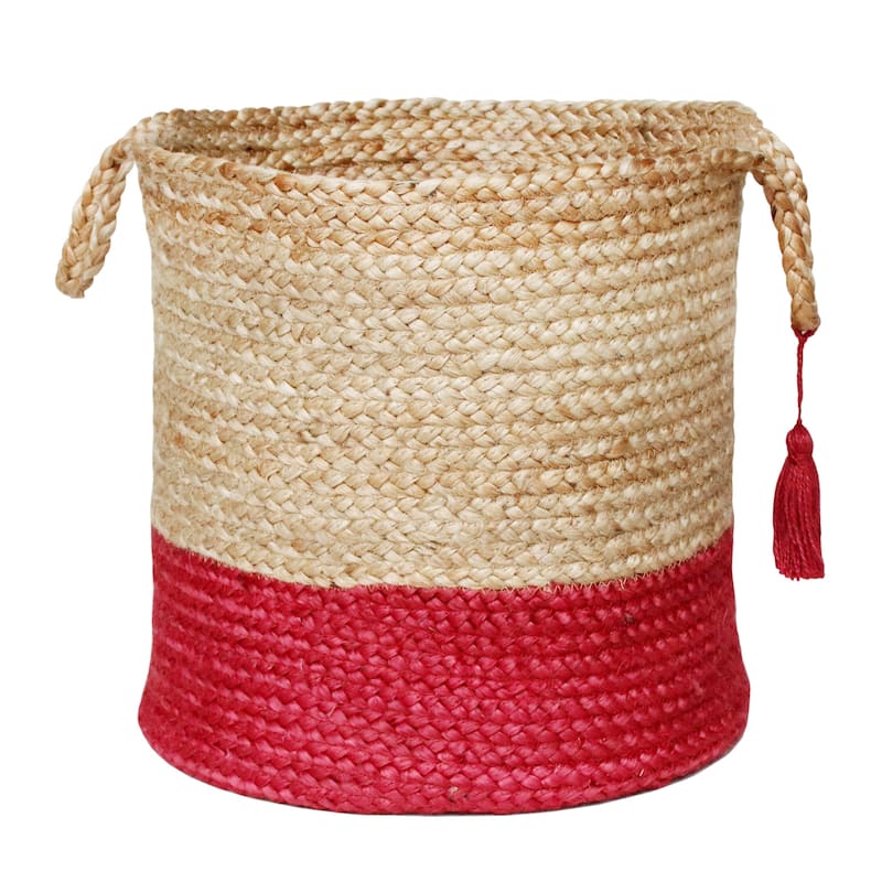 Sevita Two-Tone Jute Hand-Stitched Storage Basket with Handles - 17" x 17" x 17" - Tan/Cranberry Red