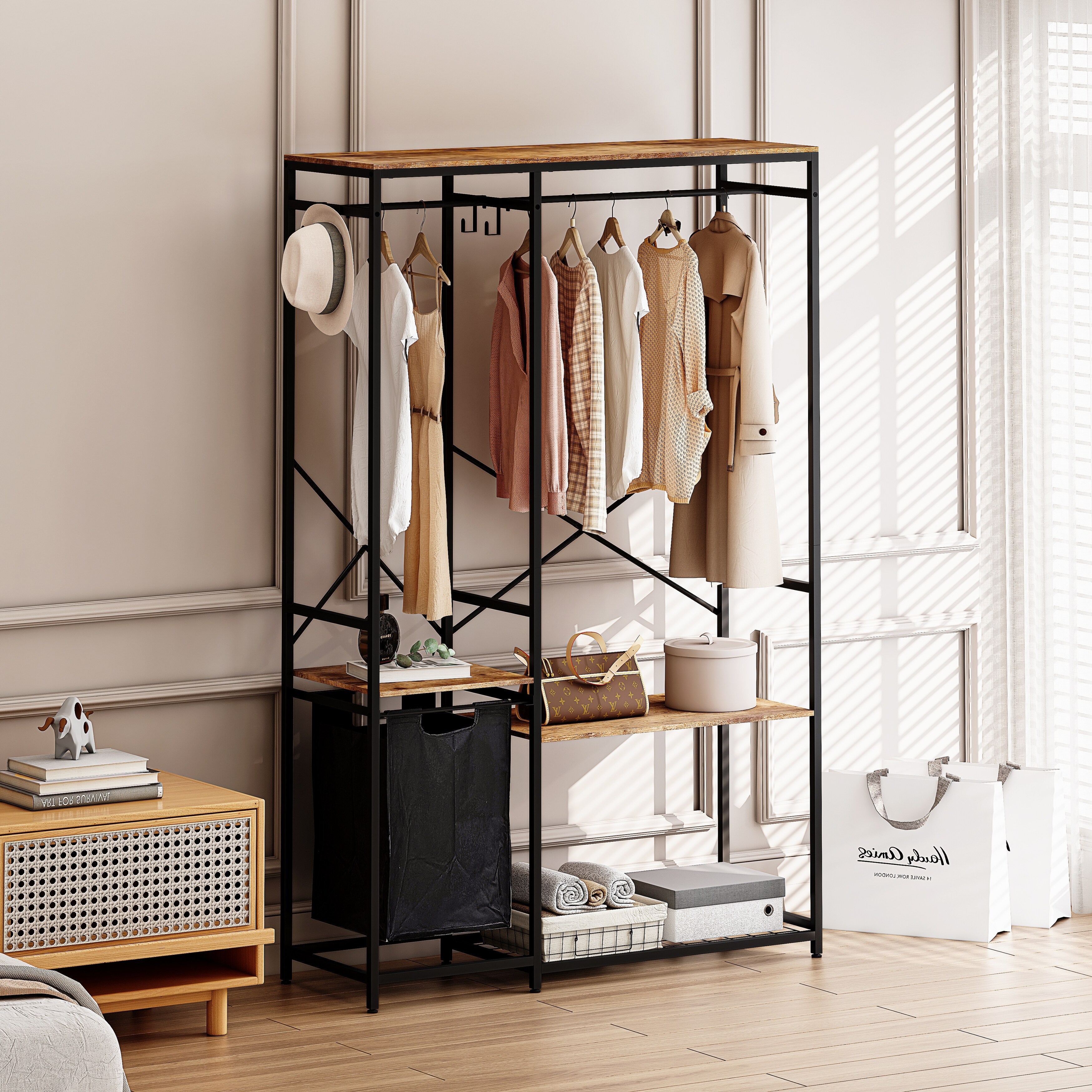 Portable White Wardrobe Coat Rack w Mesh Storage Rack Storage Bag