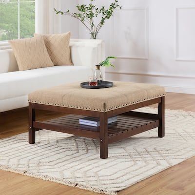 Coffee Table Cocktail Ottoman with Storage Shelf - Stylish Living Room Center Table with Upholstered Top and Storage Shelf