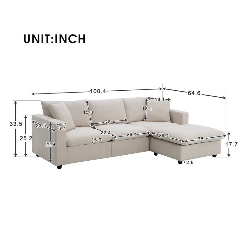 Modern Sectional Sofa, L-Shaped Couch Set with 2 Free pillows, 4-seat Polyester Fabric Sofa Couch with Convertible Ottoman