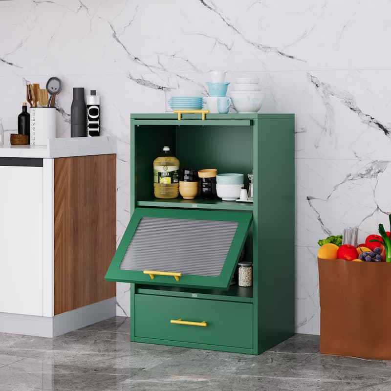 Freestanding Metal Display Storage Cabinet,Cupboard with Flip-up Acrylic Doors and Drawer