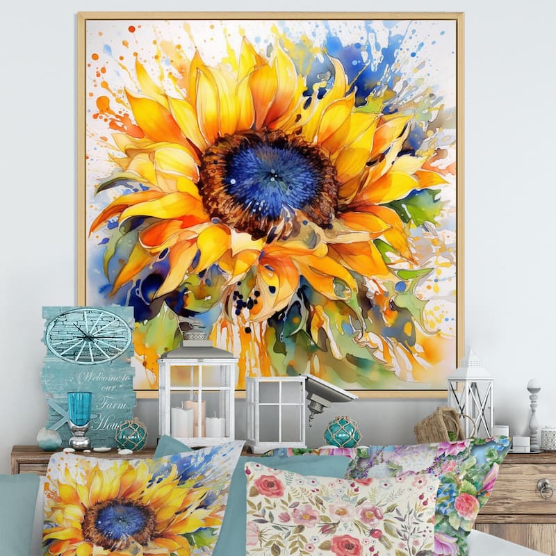 Designart "Yellow Blue Golden Cheerful Sunflowers" Sunflowers Framed Canvas Wall Art - Natural - 36 in. wide x 36 in. high