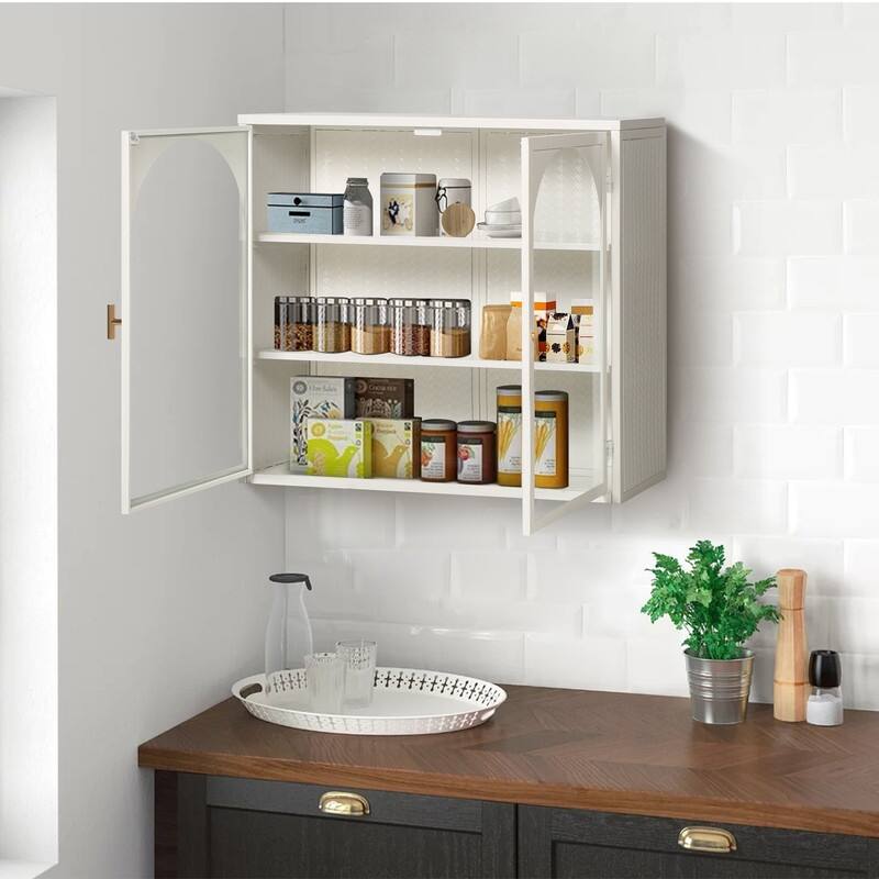27.56" Kitchen Wall Storage Cabinet with Glass Doors and Three-tier Storage - White