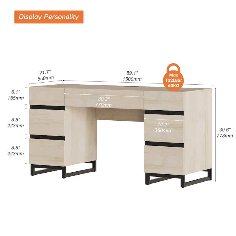 WAMPAT 59" Modern Executive Desk with Drawers & Charging Station, Wood Office Desk for Bedroom, Living Room, Home Office.