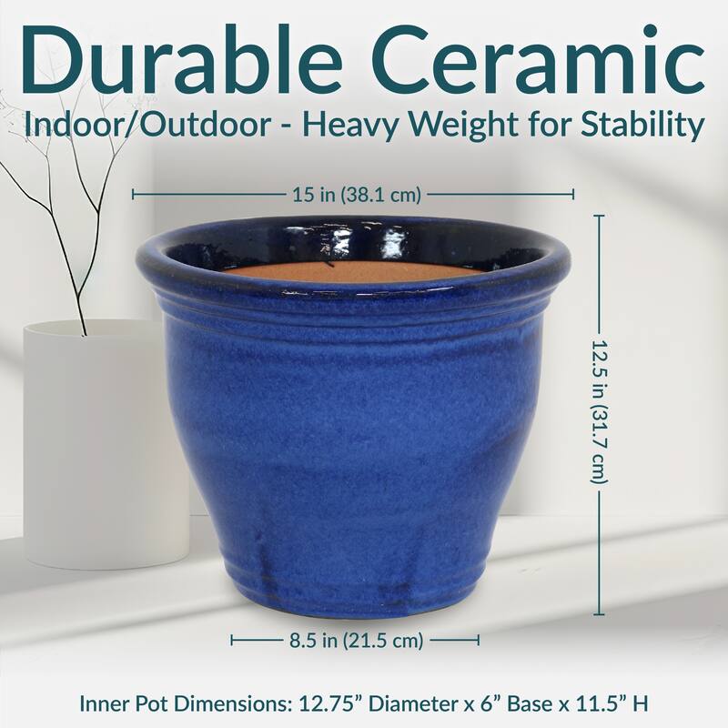 Sunnydaze Studio Round Glazed Ceramic Planter with Drainage - 15" - Imperial Blue - 15-Inch