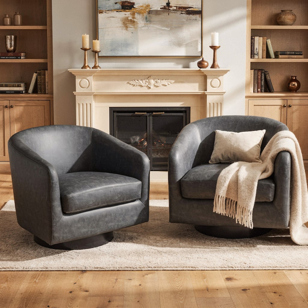 360-Degree Swivel Fabric Accent Chairs Leather Barrel Armchairs