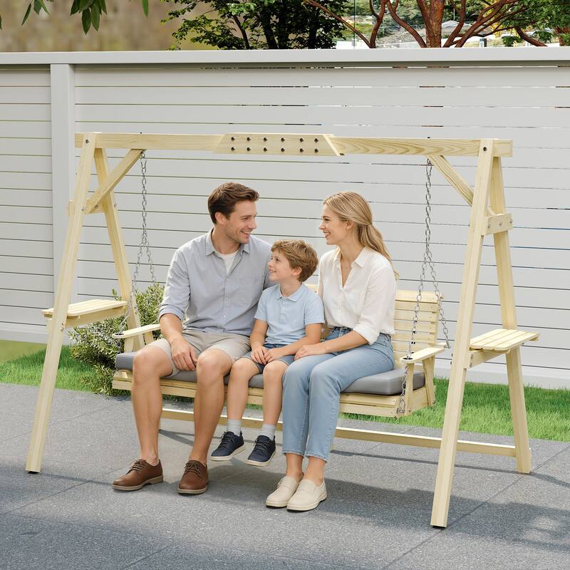 Outsunny 3 Seat Porch Swing with Stand, Wooden Patio Swing Chair with Cushion, Side Trays and Metal Chains