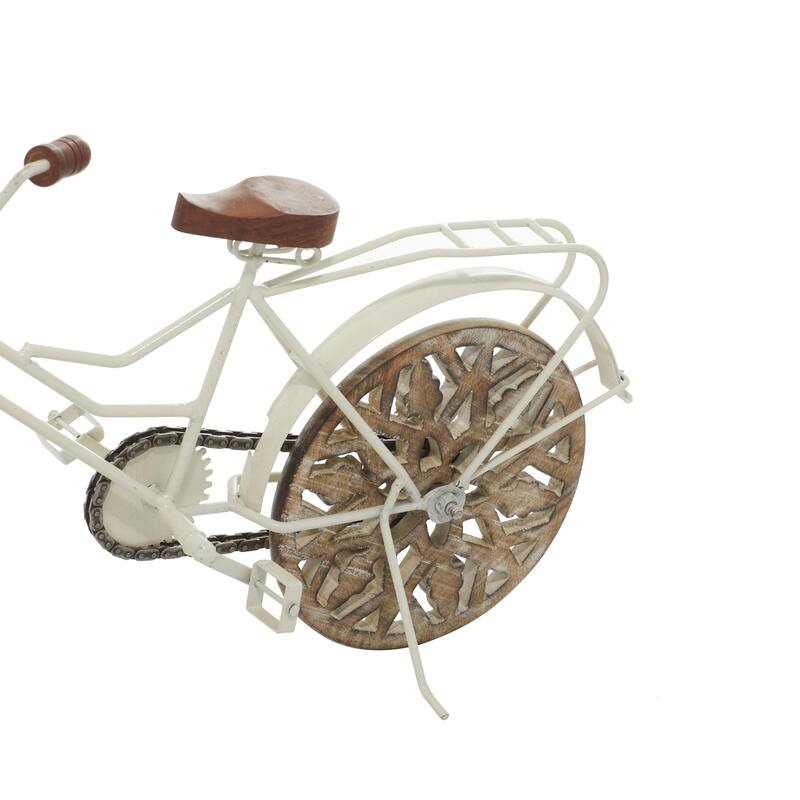 Metal Bike Decorative Sculpture with Carved Wood Wheels - White, Brown, Gold - Roche River Decor