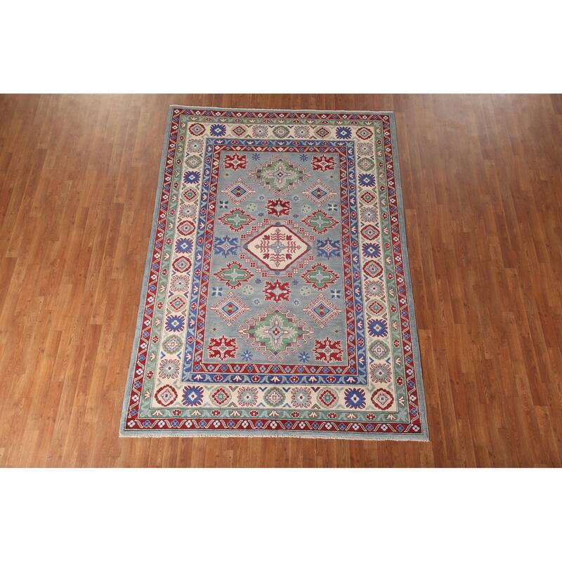 Gray Geometric Kazak Oriental Area Rug Wool Carpet - 6'3" x 8'11"