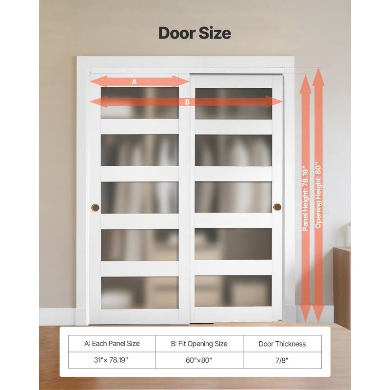 White Wood MDF Sliding Closet Doors with Frosted Glass Panels