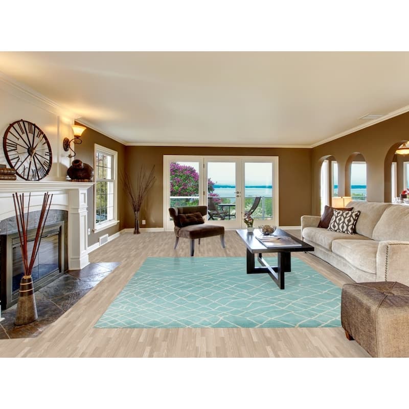 Modern Turquoise Moroccan Vegetable Dye Area Rug Handmade Wool Carpet - 7'9" x 9'10"