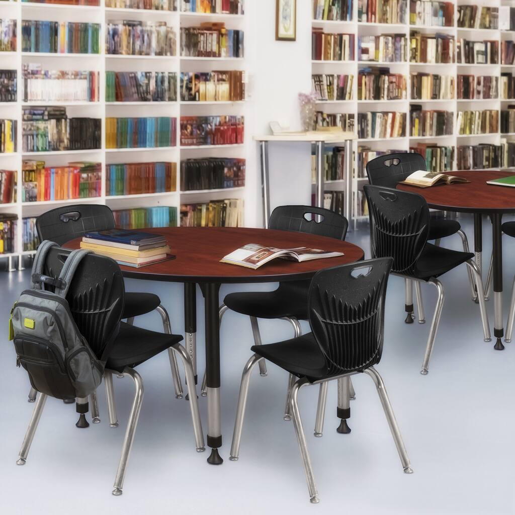 48 in. Round Height Adjustable Classroom Table - Cherry & 4 18-in Stack Chairs- Black