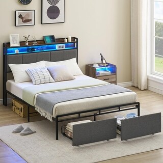 Full Bed Frame with 2 Storage Drawers and LED Lights Headboard ...
