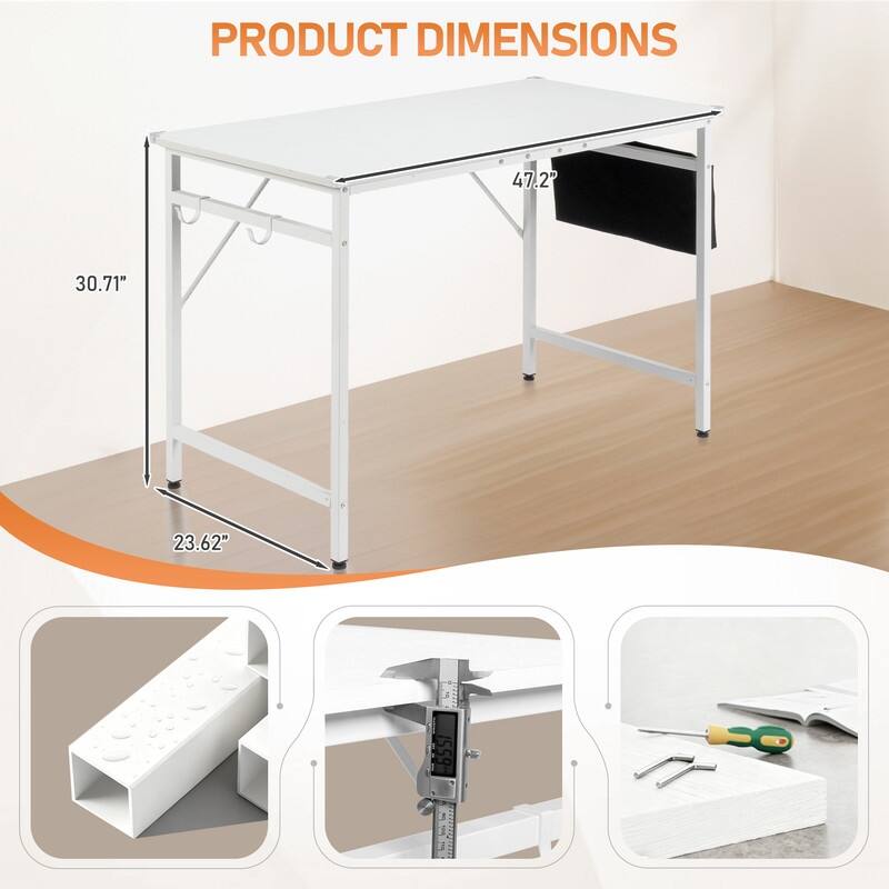 47.2” Computer Desk for Home Office - Study Writing Desk with Storage, Side Hooks & Adjustable Feet