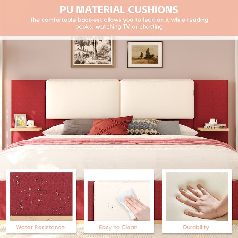 Roomfitters Queen Size Upholstered Platform Bed Frame, Modern Panel Headboard with Rounded Corners, Solid Wood Slats