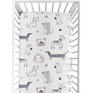 Sweet Jojo Designs Dog Boy Fitted Crib Sheet Neutral Grey Taupe Blue Modern Puppy Pet Watercolor Bulldog Wiener Doggy Paw Print