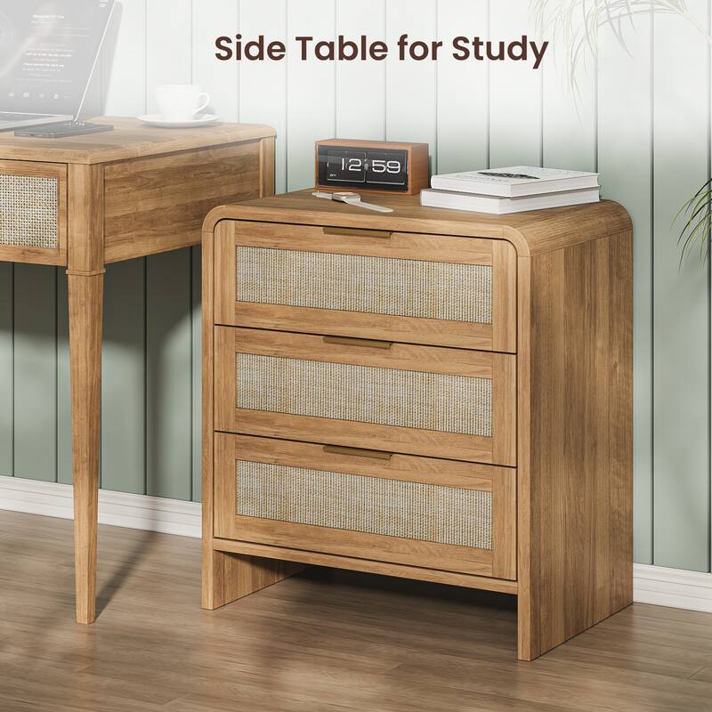 Rattan Nightstand with 3 Drawers, 22.8" Wide Curved Wooden Bedside Table, Modern Storage for Bedroom