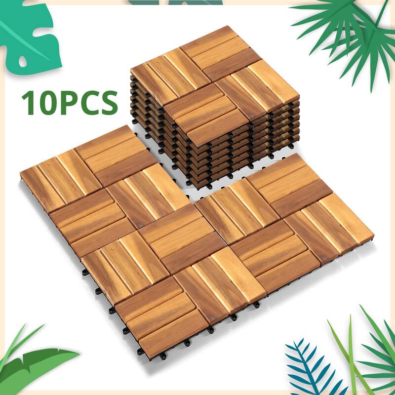 12 x 12 Inch Solid Wood Acacia Interlocking Flooring Tiles, Mosaic Pattern Patio Deck Tiles (Natural Color, 12 Slats) - 12”x12”x0.93” - Pack of 10