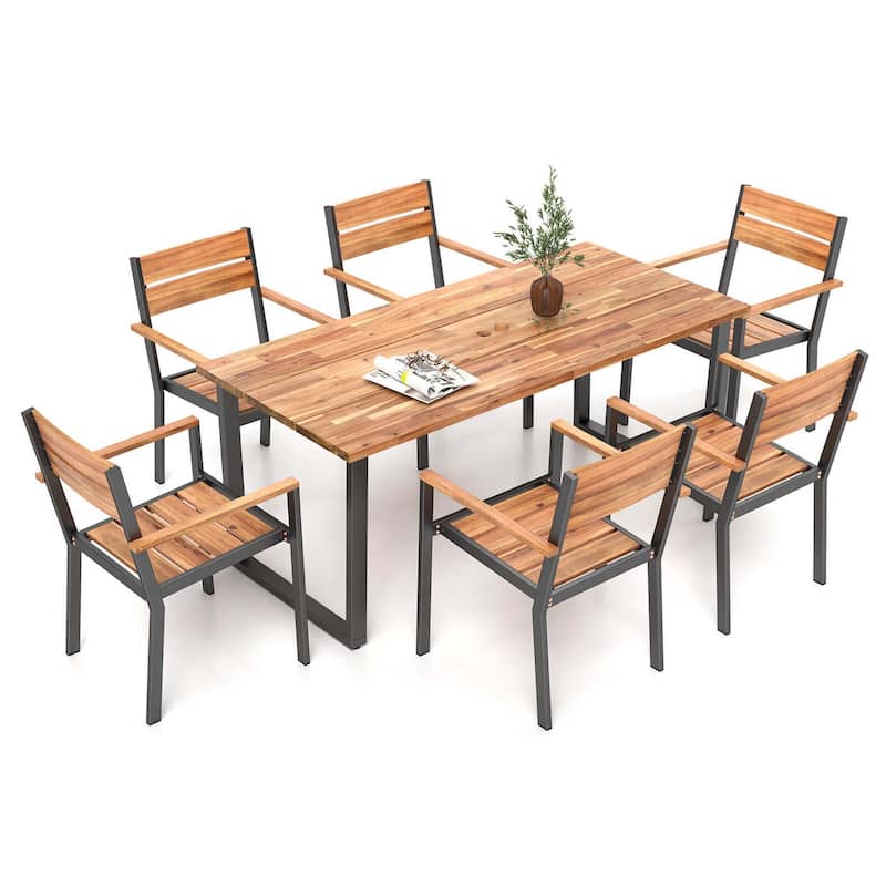 Costway 7 PCS Acacia Wood Patio Dining Set 6 Armchairs and 69" Table - See Details