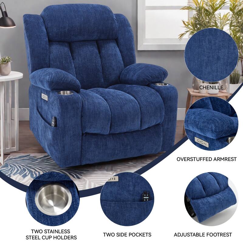 Chenille Power Lift Recliner Chair with Massage and Lumbar Heating, Dual Cup Holders