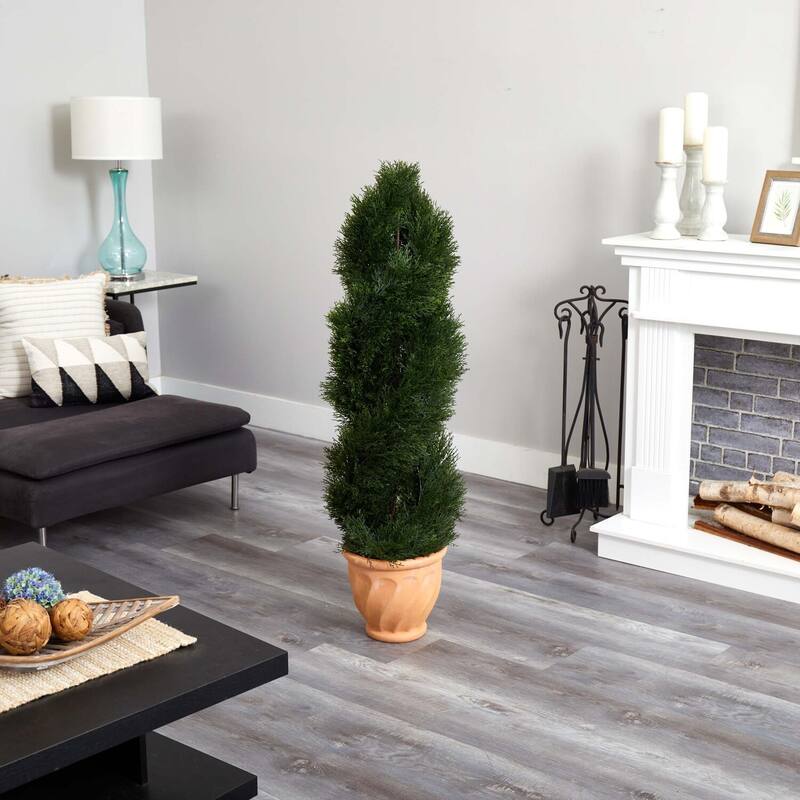 4.5ft Double Pond Cypress Topiary Artificial Tree Spiral Design in Terracotta Planter UV Resistant - Green