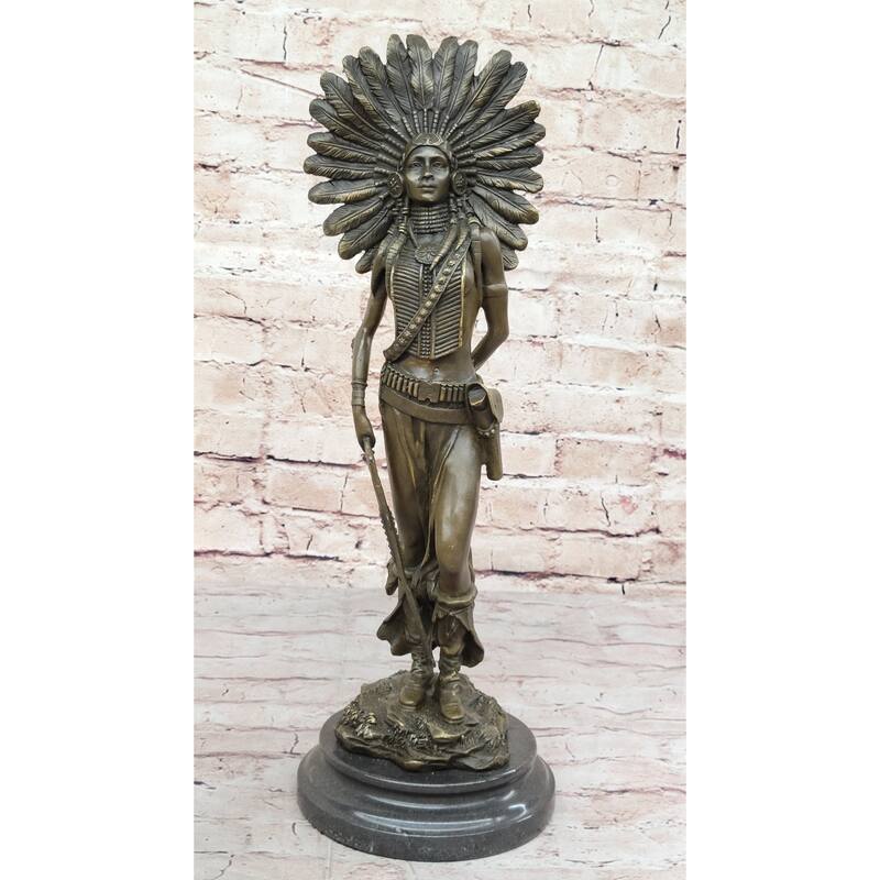 Female Native American Indian Warrior In Feathered Headdress Bronze Statue Sculpture Figure
