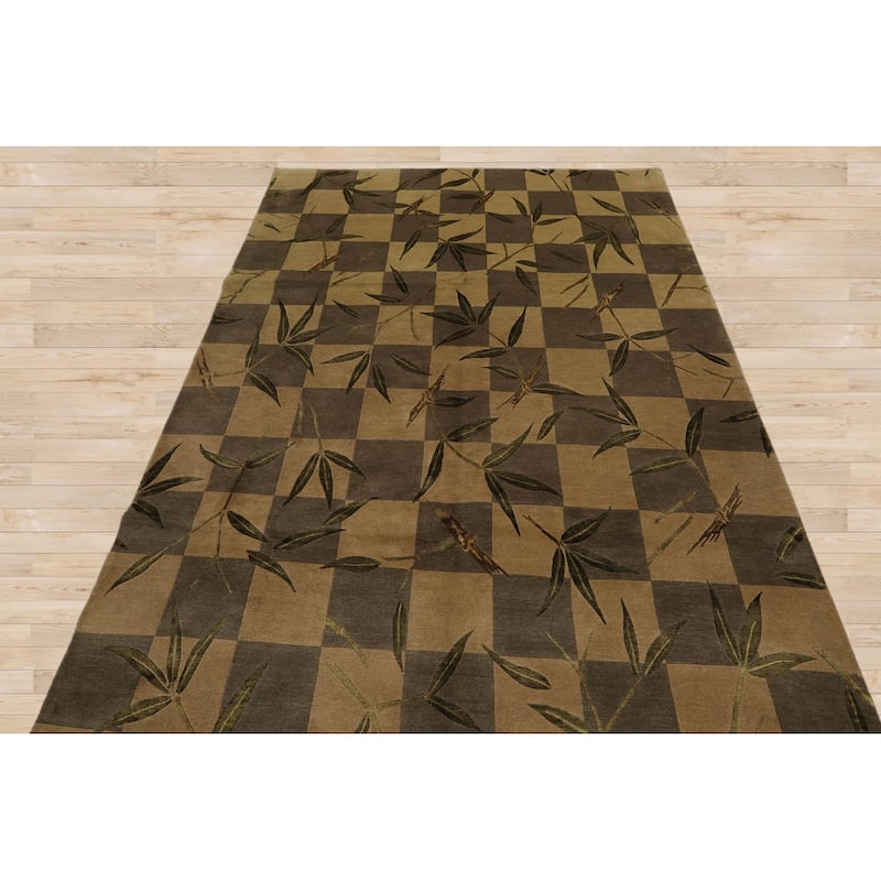 Hand Knotted Tibetan Green Floral Wool Transitional Oriental Area Rug - 6' x 9' 2''