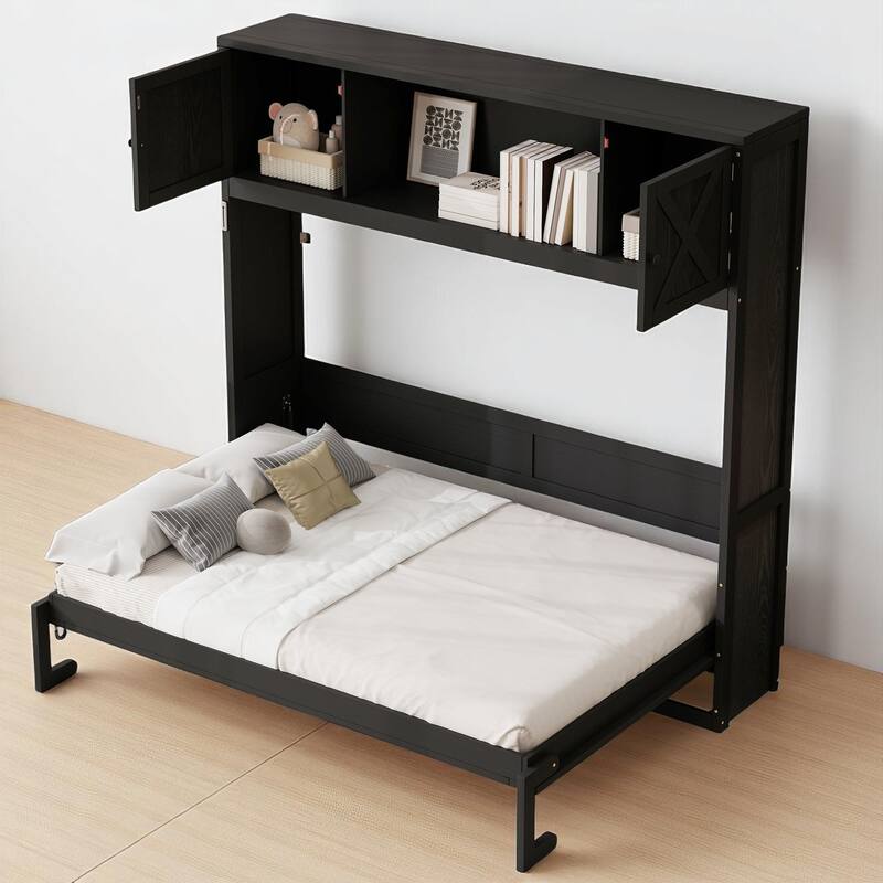 Full Size Foldable Murphy Bed in Black with Storage Cabinet Shelves and Hidden Doors, No Box Spring Needed