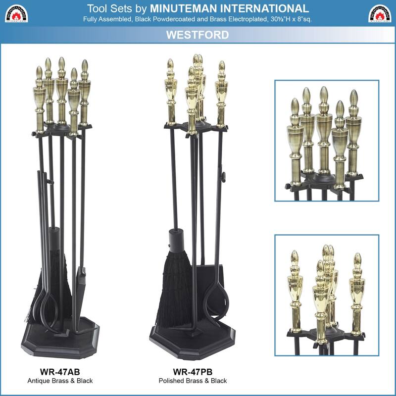 Achla Designs Westford Fireplace Set of 4 Tools, 30.5 Inch Tall, Antique Brass and Black