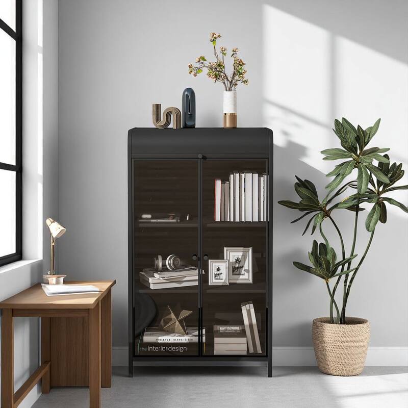 47.6" Metal Storage Cabinet with Glass Doors, Flip-Top & Open Shelves, Freestanding Buffet for Kitchen