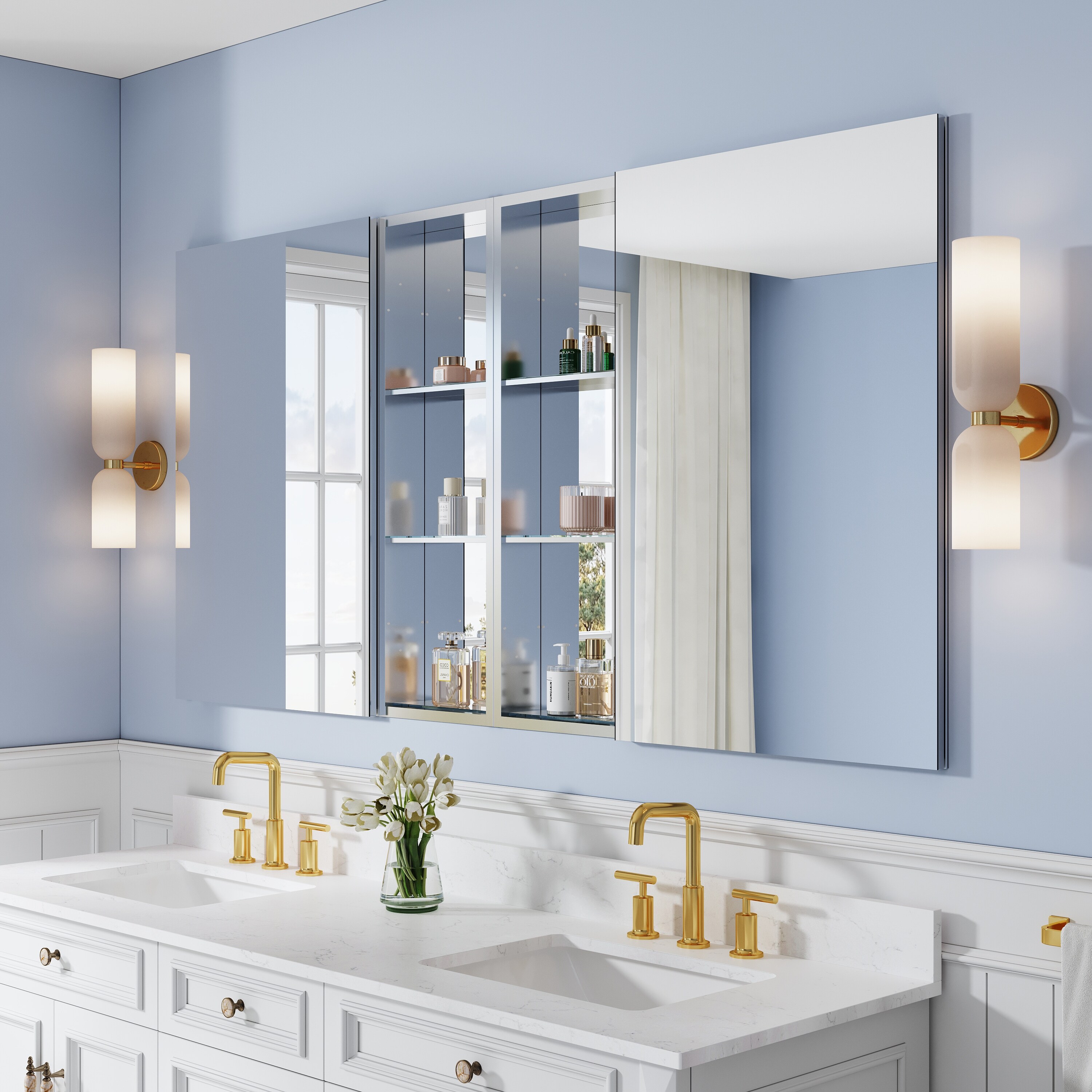 48''/56''/64''/72''W X 36" H Recessed or Surface Wall Mount Aluminum Bathroom Mirror Medicine Cabinet And Open Shelves Combo