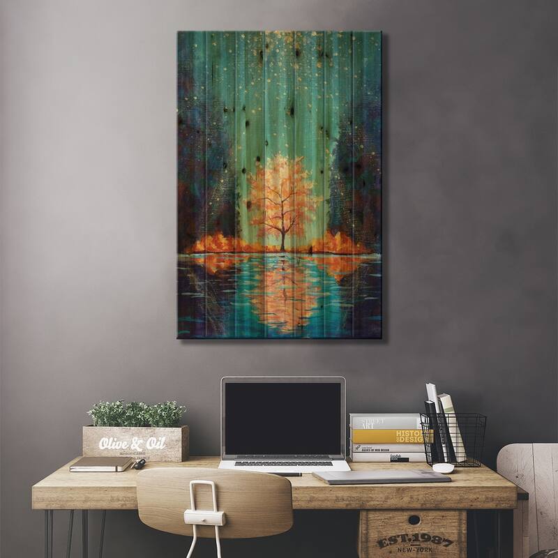 Shining Flowering Tree Among Mountains Reflected In Water Print On Wood by Valery Rybakow - Multi-Color