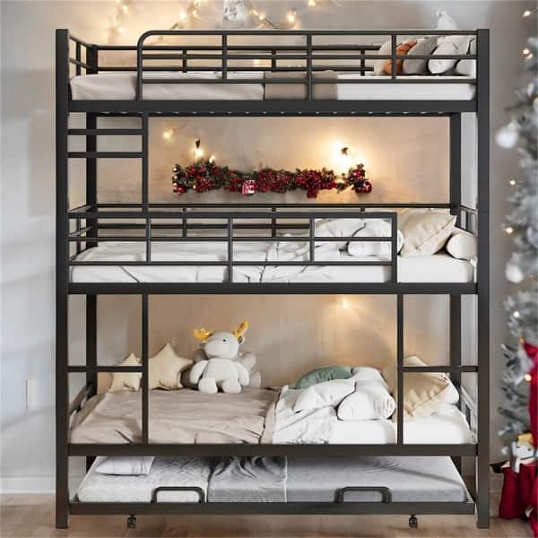 slide 2 of 12, Metal Twin Size Triple Bunk Bed with Trundle Black