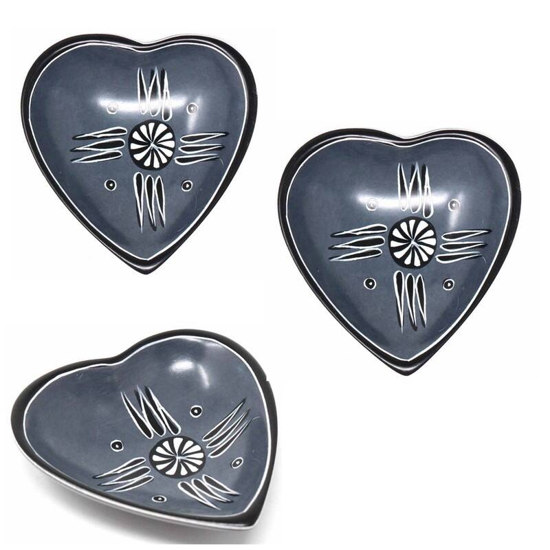 Handmade Small Soapstone Heart Trinket Dishes, Set of 3 (Kenya) - Traditional Designs Grey