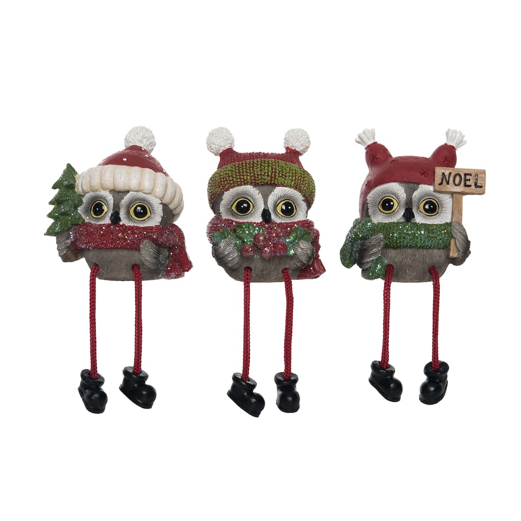 Transpac Resin Sweet Holiday Owl Shelf Sitter Set of 3 Christmas Home Decorations
